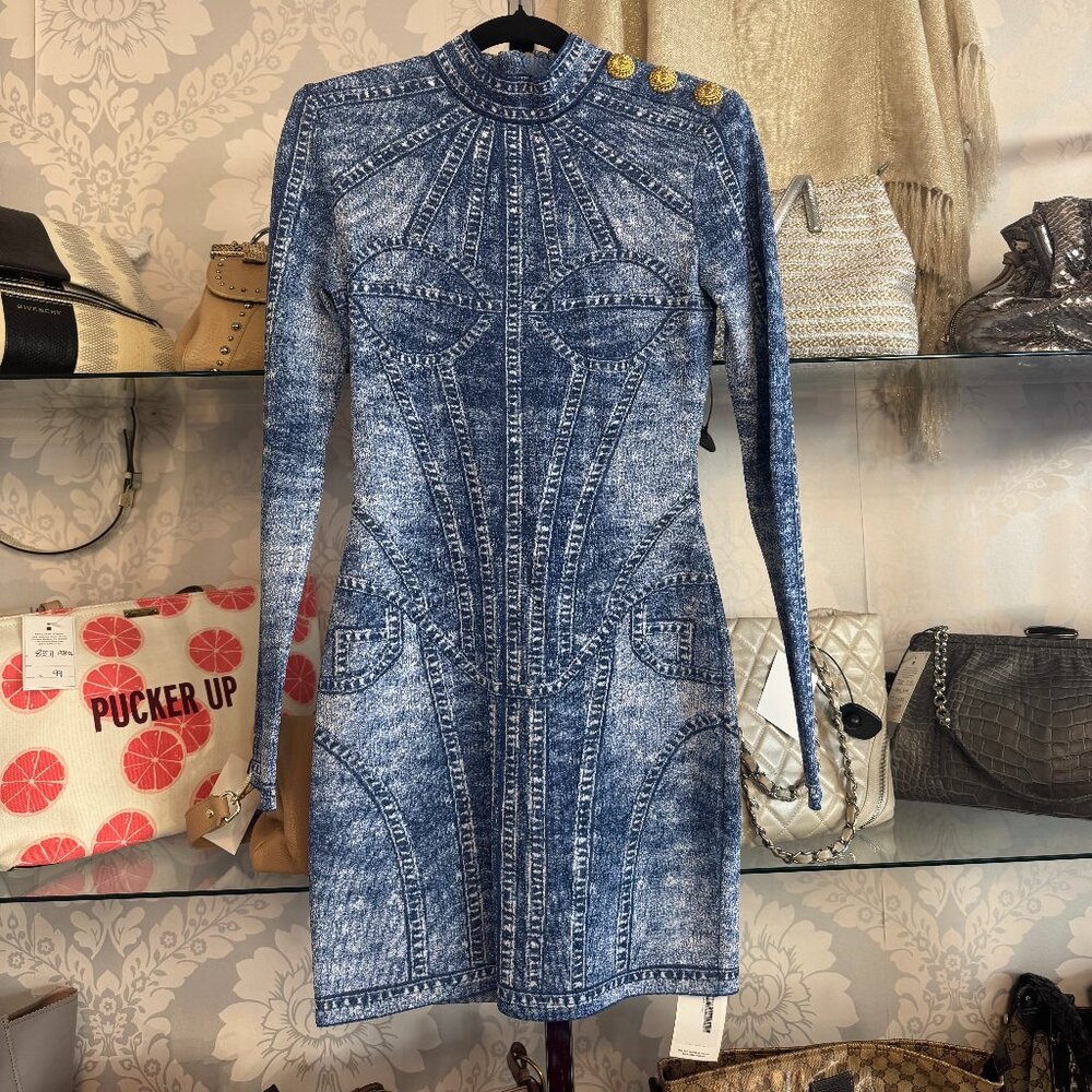 Balmain Denim Jacquard Knit Mini Dress - Size 40